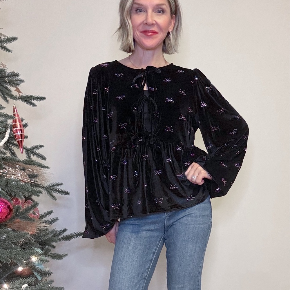 Black Velvet Sparkle Bow Women's Top